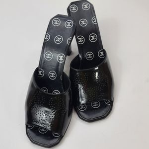 Vintage Chanel Slides Black Patent  Leather Size 37EU